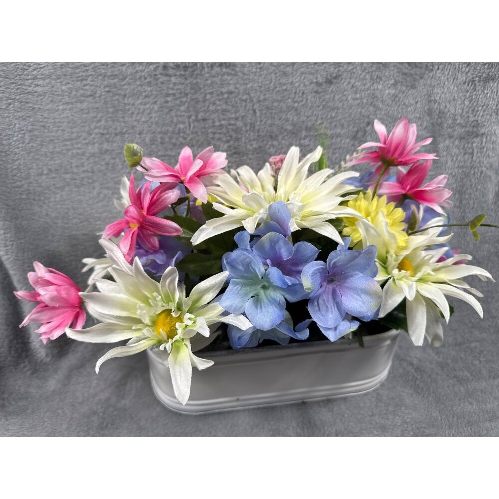 Artificial Floral Arrangement In White Metal Planter Pink Yellow Blue & White - Picture 3 of 5